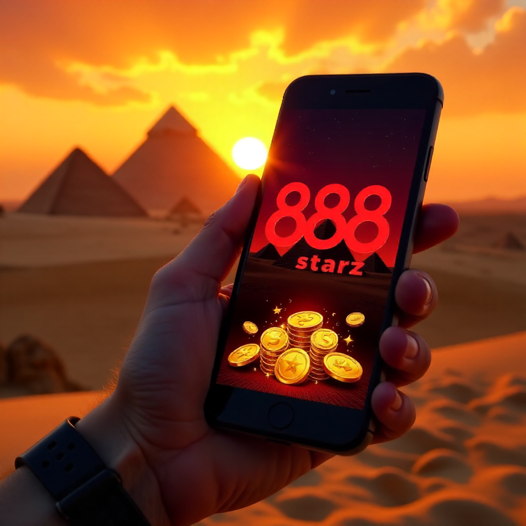 A hand holding a modern smartphone showing the 888starz logo, with the majestic Great Pyramids of Giza and a sunset sky in the background, official red and black branding colors, 3D gold coins and shimmering slot symbols flying out of the screen, hyper-re